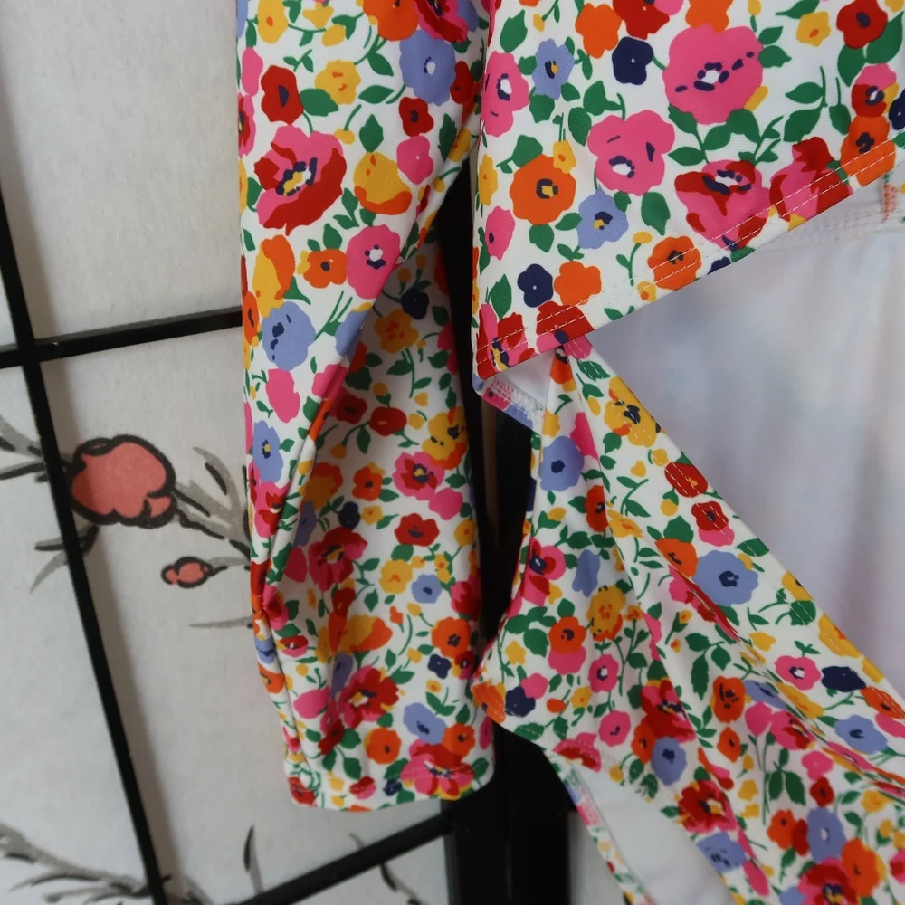 SHEIN Red Pink Floral Long Sleeve Cut Out Tie Chest Swimsuit Plus Size 2XL NWOT